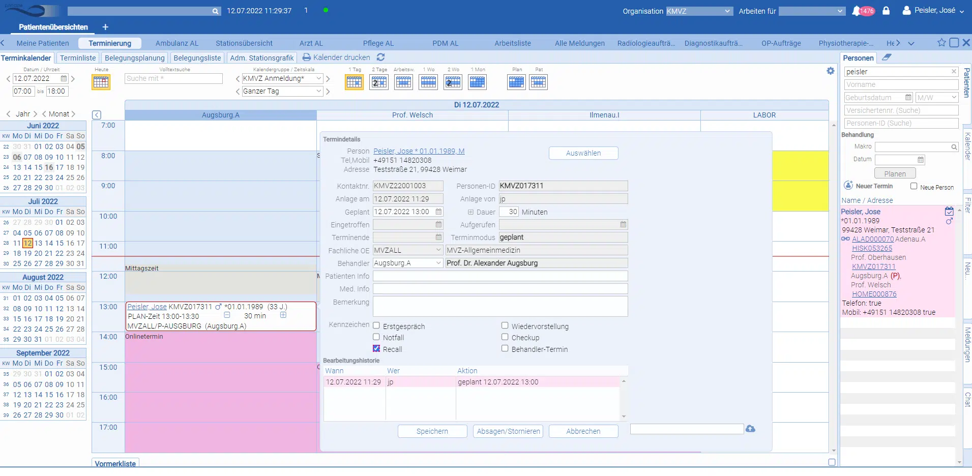 principa Recall-Management Software Screenshot Termindetails