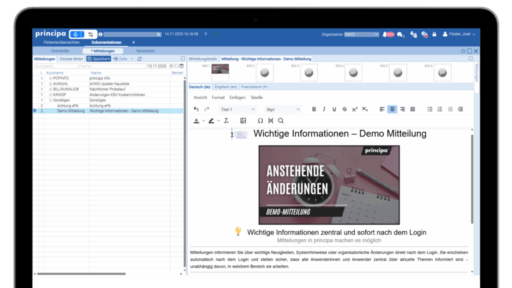 Verwaltung zentrale Login-Mitteilung in principa