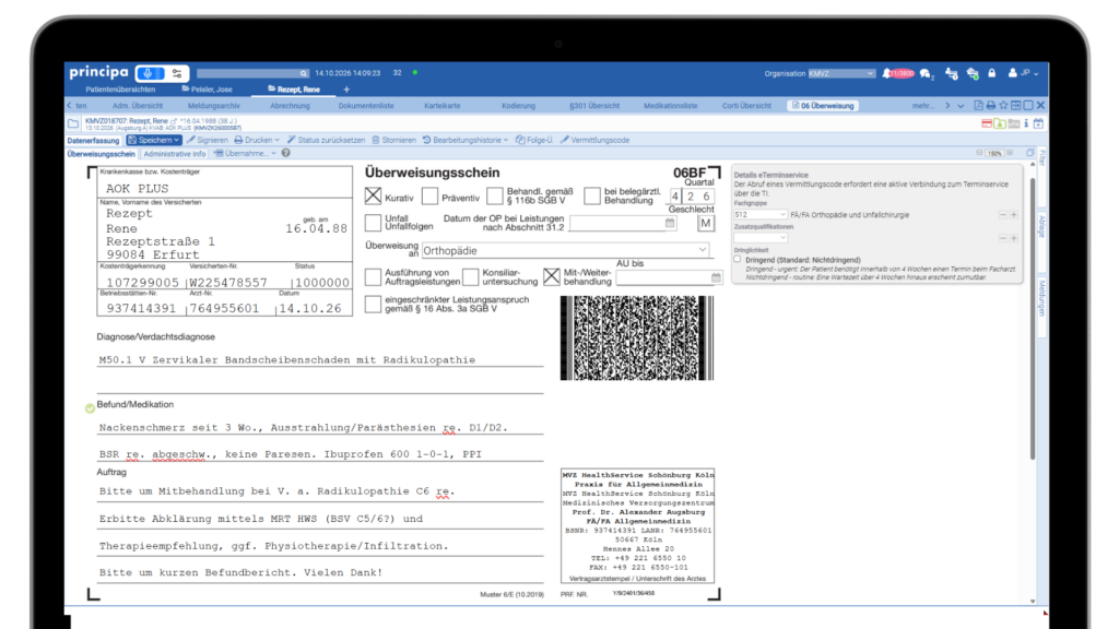 Überweisungsschein Muster 6 mit Barcode in principa